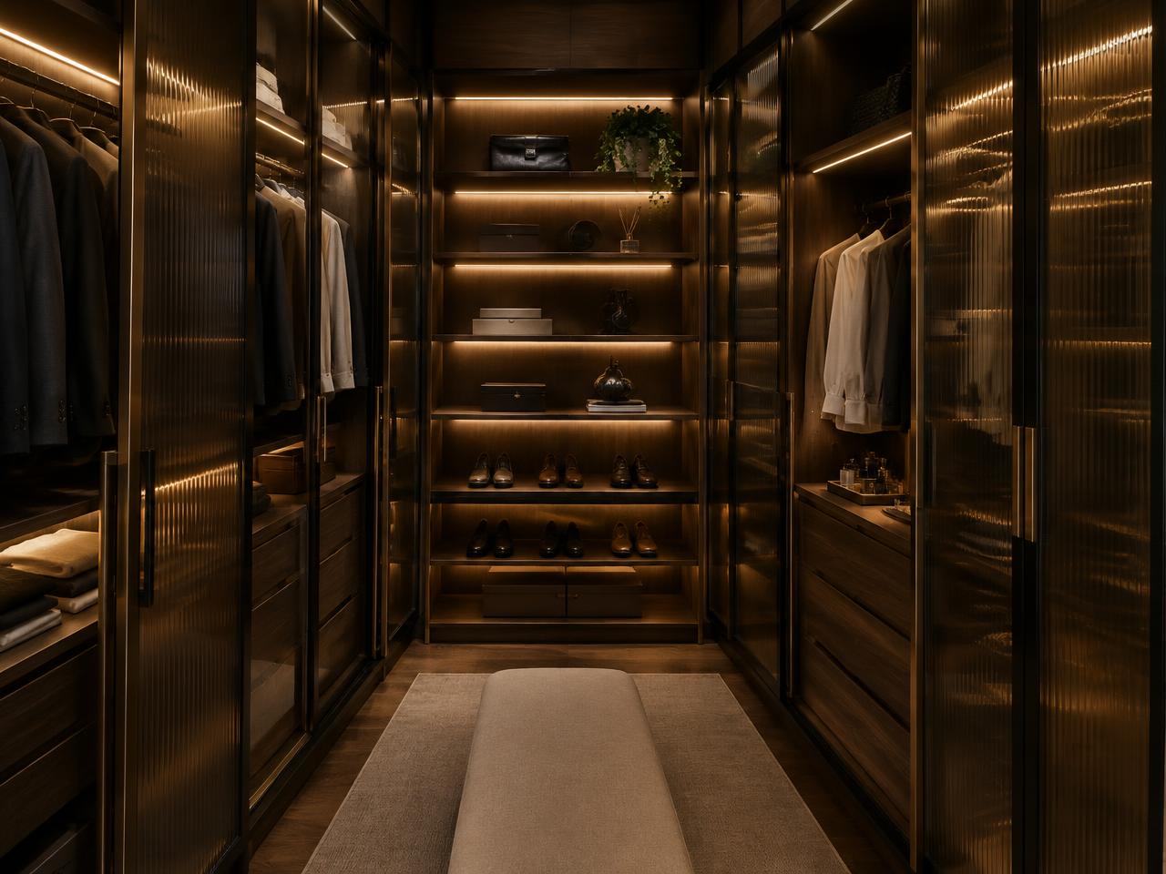 Closet com sistema de armários em nogueira, perfil de latão e vidro canelado