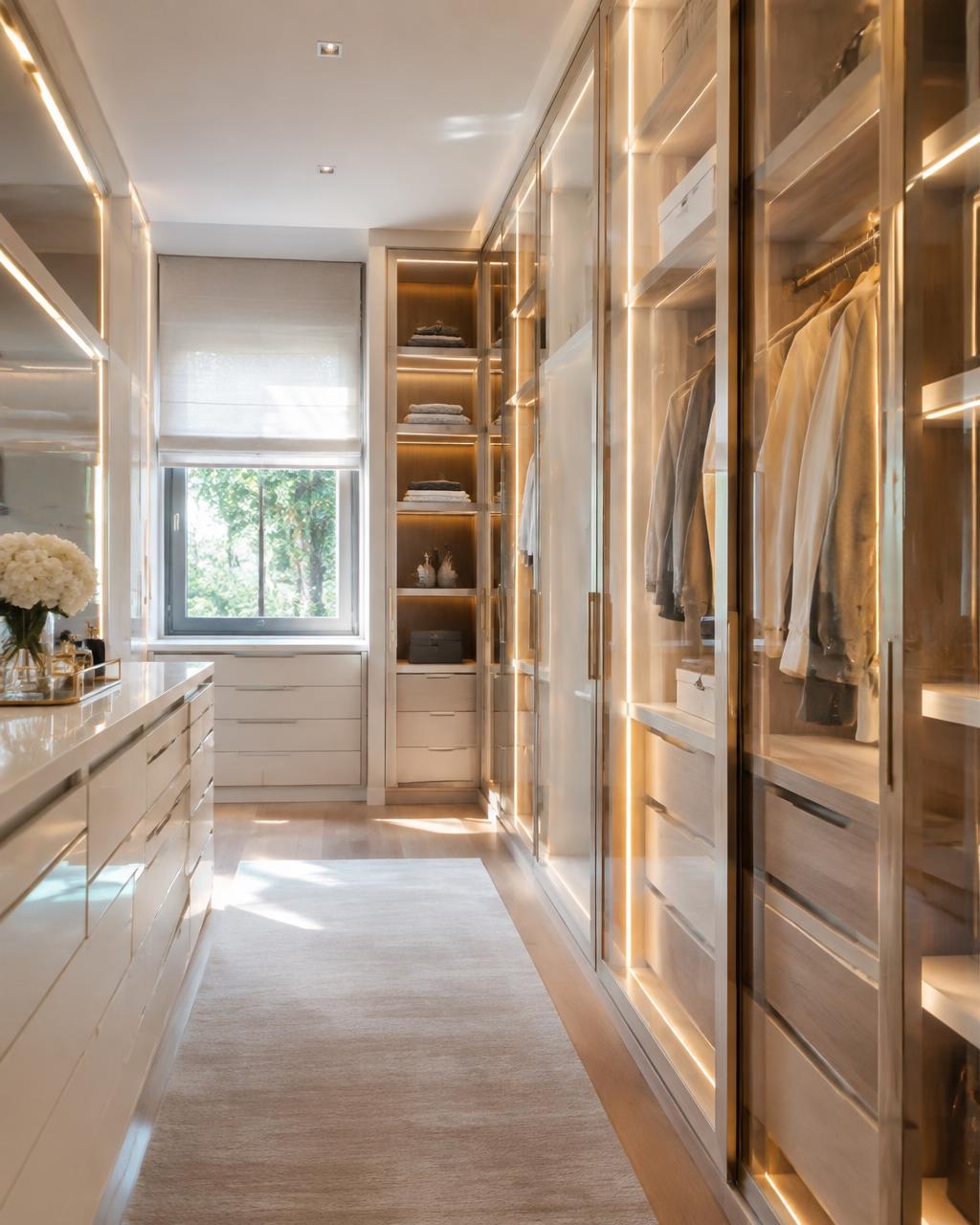 Closet claro em laca branca com portas de vidro e LED